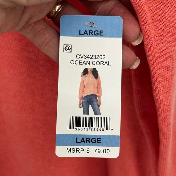 Vince Camuto V-neck Collared Sweater Ocean Coral Size Large NWT - Picture 7 of 10